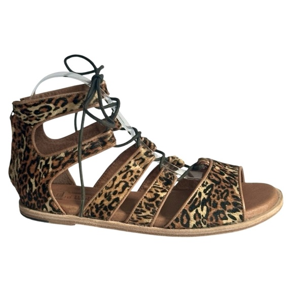 Gee Wawa Leopard Print Gladiator Sandals 9M Lace Up Leather Haircalf Boho Flat - Picture 6 of 10
